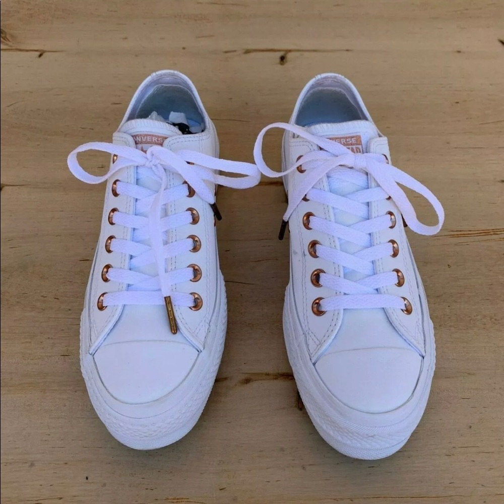 White leather converse rose gold eyelets
